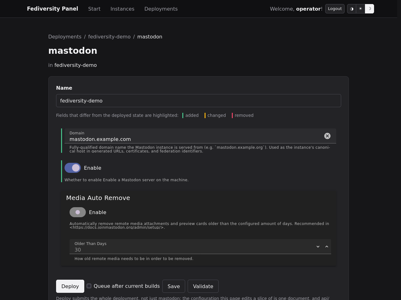The per-application form in the dark theme