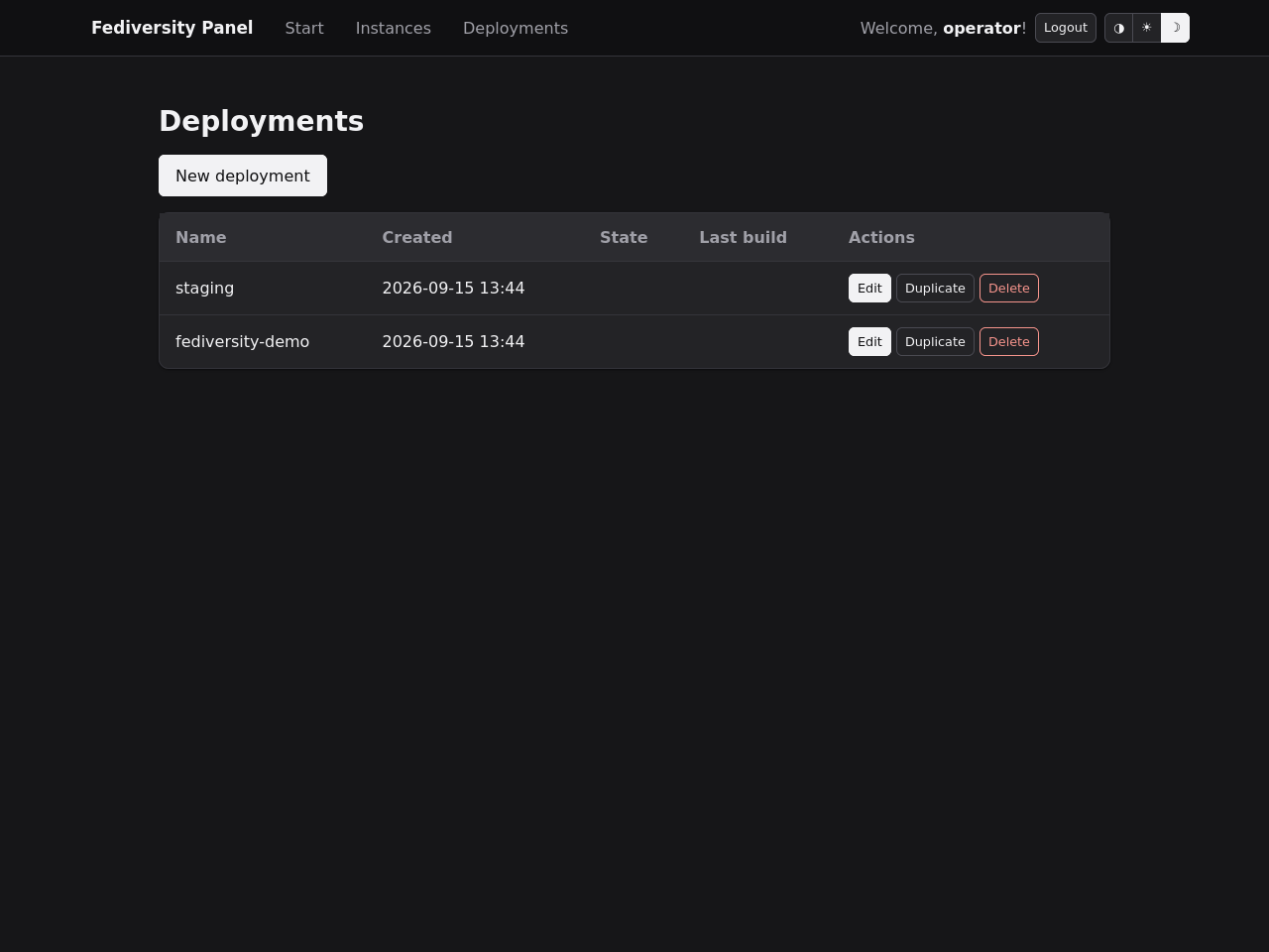 The deployment list in the dark theme