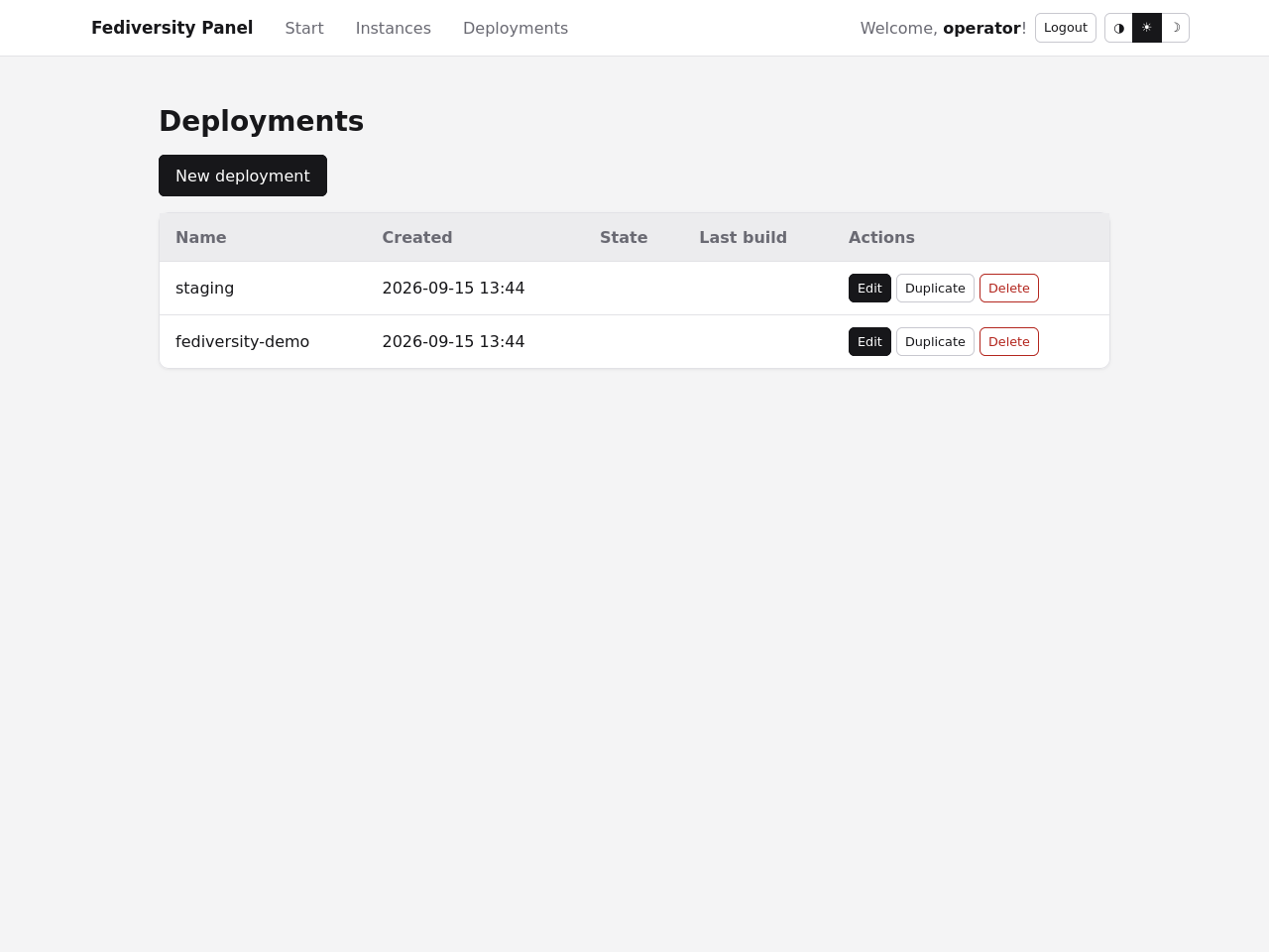 The deployment list in the light theme