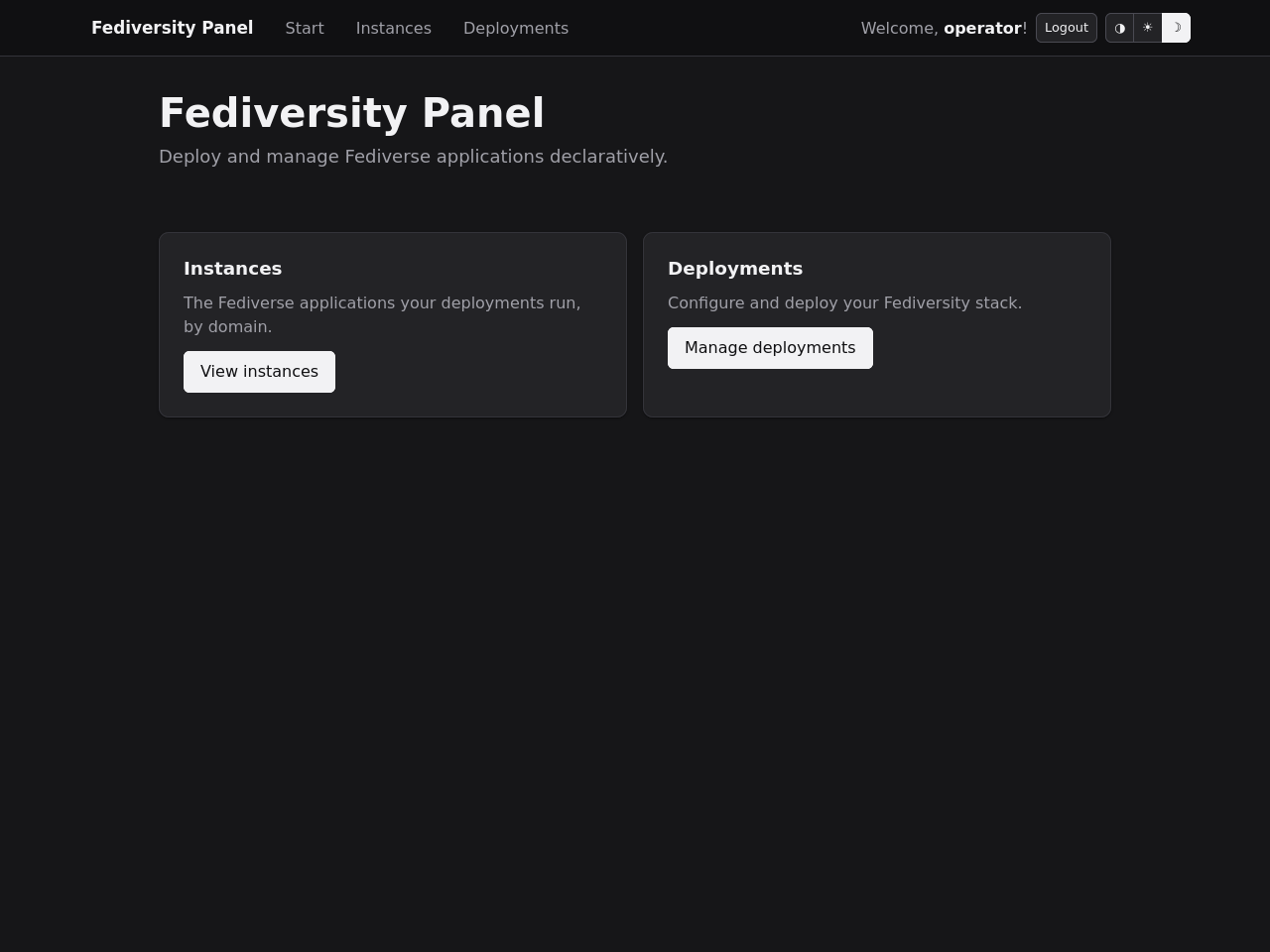 The panel landing page in the dark theme