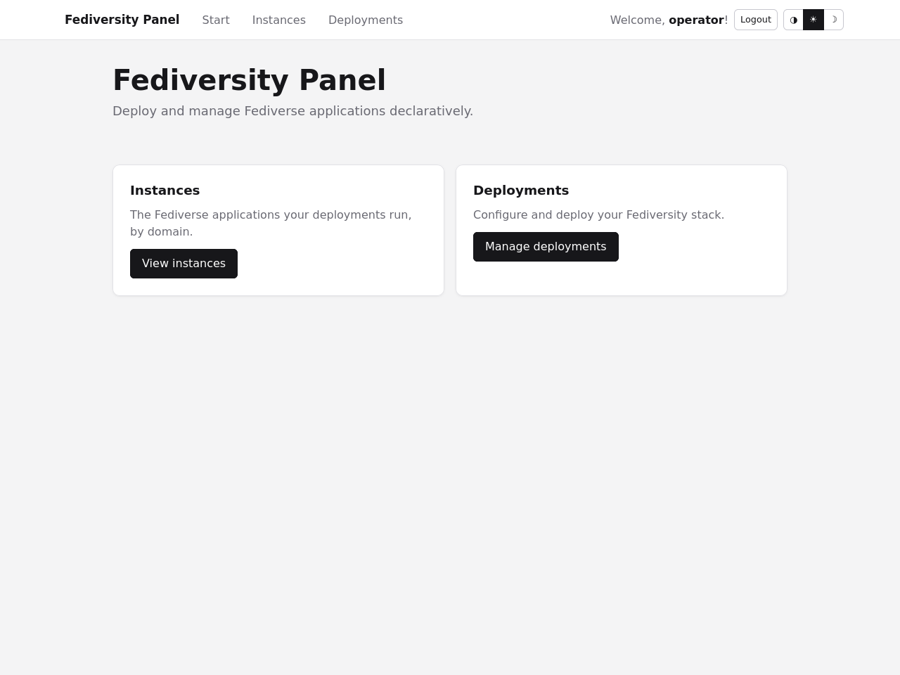 The panel landing page in the light theme