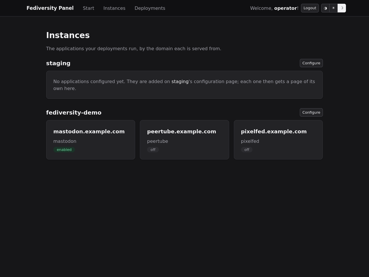 The instance list in the dark theme