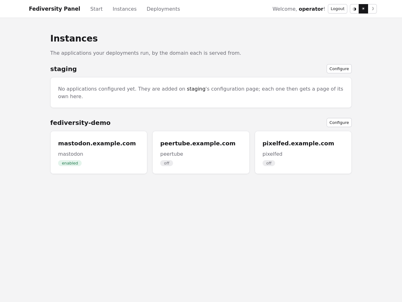 The instance list in the light theme